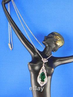 Platinum Emerald Art Nouveau Collier Pendant with 23 SMALL DIAMONDS