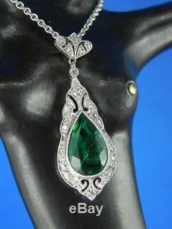 Platinum Emerald Art Nouveau Collier Pendant with 23 SMALL DIAMONDS