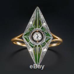 Plique A Jour Old Mine Diamond Ring 18k Art Nouveau Antique Green Enamel Vintage