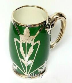 Pouyat Limoges Art Nouveau Green Porcelain Stein Tankard Silver Overlay Dragon