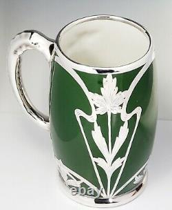 Pouyat Limoges Art Nouveau Green Porcelain Stein Tankard Silver Overlay Dragon