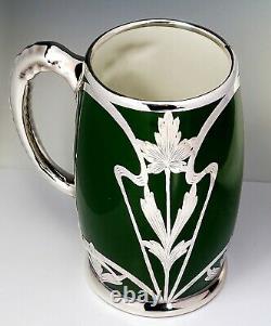 Pouyat Limoges Art Nouveau Green Porcelain Stein Tankard Silver Overlay Dragon