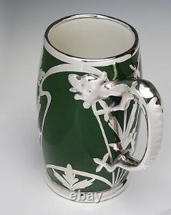 Pouyat Limoges Art Nouveau Green Porcelain Stein Tankard Silver Overlay Dragon