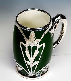 Pouyat Limoges Art Nouveau Green Porcelain Stein Tankard Silver Overlay Dragon