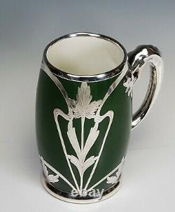 Pouyat Limoges Art Nouveau Green Porcelain Stein Tankard Silver Overlay Dragon