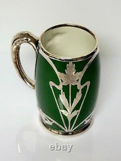 Pouyat Limoges Art Nouveau Green Porcelain Stein Tankard Silver Overlay Dragon