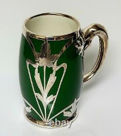 Pouyat Limoges Art Nouveau Green Porcelain Stein Tankard Silver Overlay Dragon