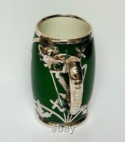 Pouyat Limoges Art Nouveau Green Porcelain Stein Tankard Silver Overlay Dragon