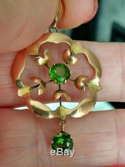 Pretty Antique Art Nouveau 9ct Gold Lavaliere Pendant. Green Gemstone