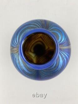 Pulled Feather Iridescent Blue-Green Amber Art Glass Bud Vase Signed'89