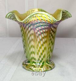 Quezal, Decorated Floriform Vase, Fishnet Diamond Optic, Exceptional Color