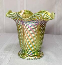 Quezal, Decorated Floriform Vase, Fishnet Diamond Optic, Exceptional Color