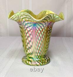 Quezal, Decorated Floriform Vase, Fishnet Diamond Optic, Exceptional Color