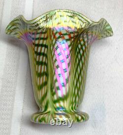 Quezal, Decorated Floriform Vase, Fishnet Diamond Optic, Exceptional Color