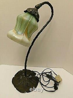 Quezal Signed Gold Aurene Pulled Feather Iridescent Lamp & Shade