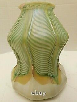 Quezal Signed Gold Aurene Pulled Feather Iridescent Lamp & Shade