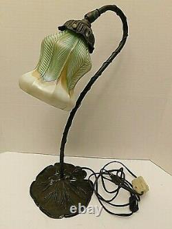 Quezal Signed Gold Aurene Pulled Feather Iridescent Lamp & Shade