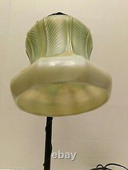 Quezal Signed Gold Aurene Pulled Feather Iridescent Lamp & Shade