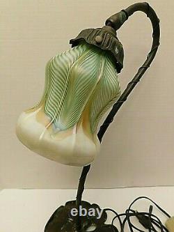 Quezal Signed Gold Aurene Pulled Feather Iridescent Lamp & Shade