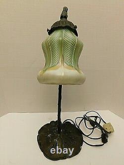 Quezal Signed Gold Aurene Pulled Feather Iridescent Lamp & Shade