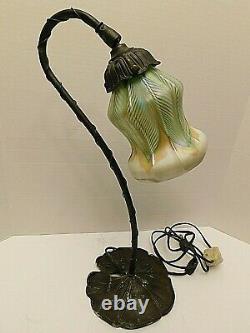 Quezal Signed Gold Aurene Pulled Feather Iridescent Lamp & Shade