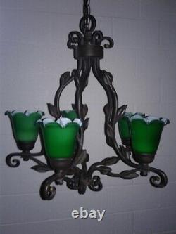 Quoizel Blown Art Glass Chandelier Art Deco-nouveau Bankers Green Shades