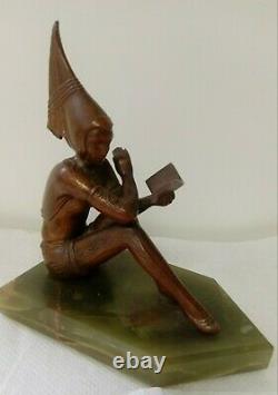 RARE 1920s Gerdago JB Hirsch Bronze Pixie Reader Bookends Art Nouveau Grn Base
