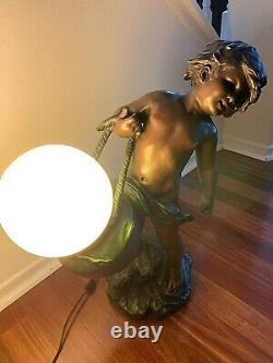 RARE 22 Antique French BRONZE LAMP Signed Auguste Moreau Cherub Water Bearer