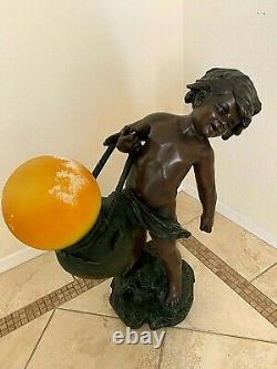 RARE 22 Antique French BRONZE LAMP Signed Auguste Moreau Cherub Water Bearer