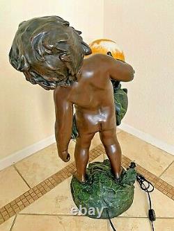 RARE 22 Antique French BRONZE LAMP Signed Auguste Moreau Cherub Water Bearer