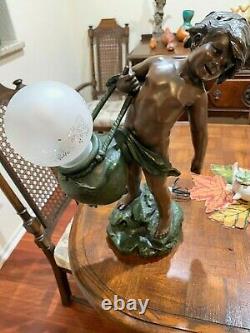 RARE 22 Antique French BRONZE LAMP Signed Auguste Moreau Cherub Water Bearer