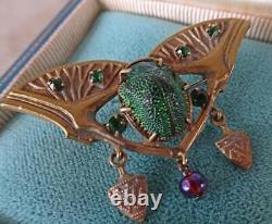 RARE ART NOUVEAU EGYPTIAN REVIVAL SCARAB BEETLE BUG BROOCH PIN with real beetle