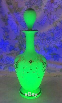 RARE Antique French Green Vaseline Opaline Glass Bottle Hand Painted Enamel Gild