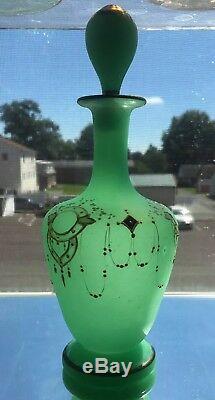 RARE Antique French Green Vaseline Opaline Glass Bottle Hand Painted Enamel Gild