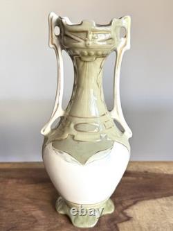 RARE Antique Royal Dux Amphora ORCHID Gold Green Art Nouveau Handled Vase 7.5