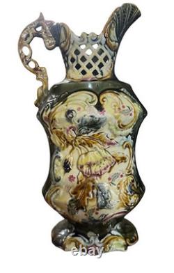 RARE Art Nouveau MAJOLICA VASE Jug Khaki Green Floral Open Work c. 1900