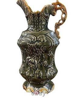 RARE Art Nouveau MAJOLICA VASE Jug Khaki Green Floral Open Work c. 1900