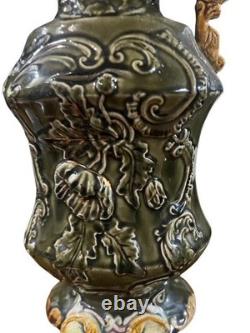 RARE Art Nouveau MAJOLICA VASE Jug Khaki Green Floral Open Work c. 1900 RARE Art Nouveau MAJOLICA VASE Jug Khaki Green Floral Open Work c. 1900