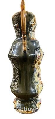 RARE Art Nouveau MAJOLICA VASE Jug Khaki Green Floral Open Work c. 1900