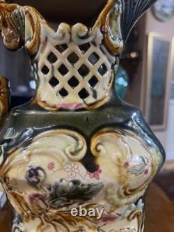 RARE Art Nouveau MAJOLICA VASE Jug Khaki Green Floral Open Work c. 1900