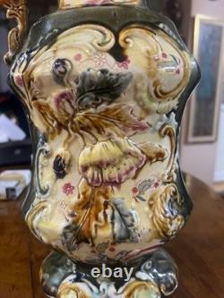 RARE Art Nouveau MAJOLICA VASE Jug Khaki Green Floral Open Work c. 1900