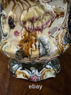 RARE Art Nouveau MAJOLICA VASE Jug Khaki Green Floral Open Work c. 1900