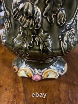 RARE Art Nouveau MAJOLICA VASE Jug Khaki Green Floral Open Work c. 1900