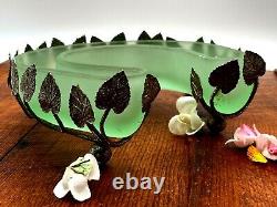 RARE Bagley Art Nouveau Green Frosted Glass Dish In Silver Metal Leaves Case