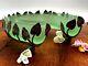Rare Bagley Art Nouveau Green Frosted Glass Dish In Silver Metal Leaves Case