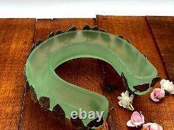 RARE Bagley Art Nouveau Green Frosted Glass Dish In Silver Metal Leaves Case