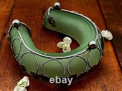 RARE Bagley Art Nouveau Green Frosted Glass Dish In Silver Metal Leaves Case