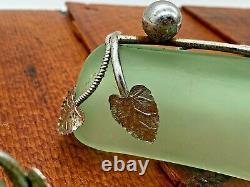 RARE Bagley Art Nouveau Green Frosted Glass Dish In Silver Metal Leaves Case