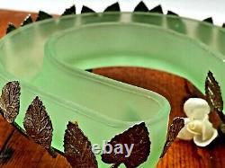 RARE Bagley Art Nouveau Green Frosted Glass Dish In Silver Metal Leaves Case