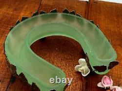 RARE Bagley Art Nouveau Green Frosted Glass Dish In Silver Metal Leaves Case